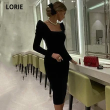 Lorie vestido de noite estilo sereia, manga longa, com decote quadrado, veludo, comprimento do chá, vestido de baile, casamento e festa (2)