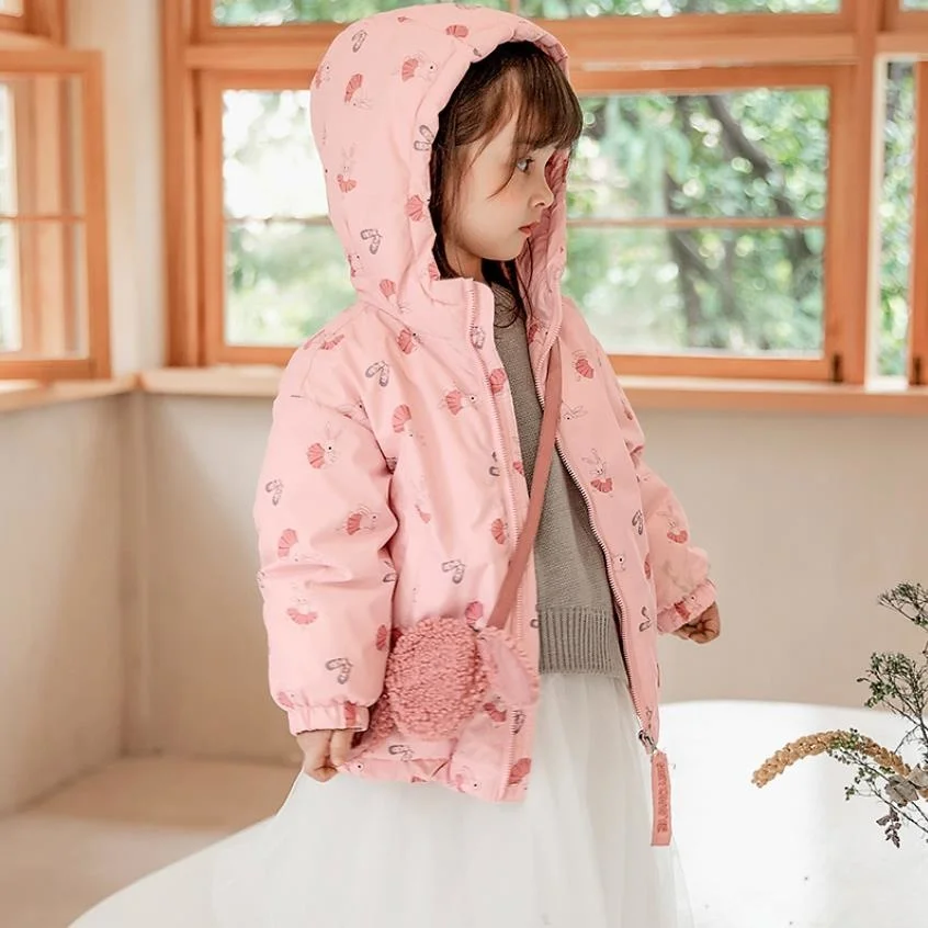 

With Bag Korean Fashion Girls Down Jacket 2022 Winter New Thicker Warm Hooded Print Outerwear Down Jackets For Girls A617