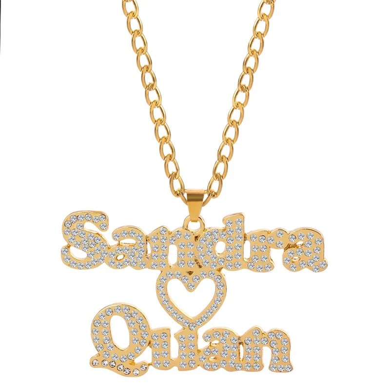 

VishowCo Personalized Stainless Steel Custom Name Necklace Two Names With Heart Inlaid Zircon Nameplate Pendant Gold Choker