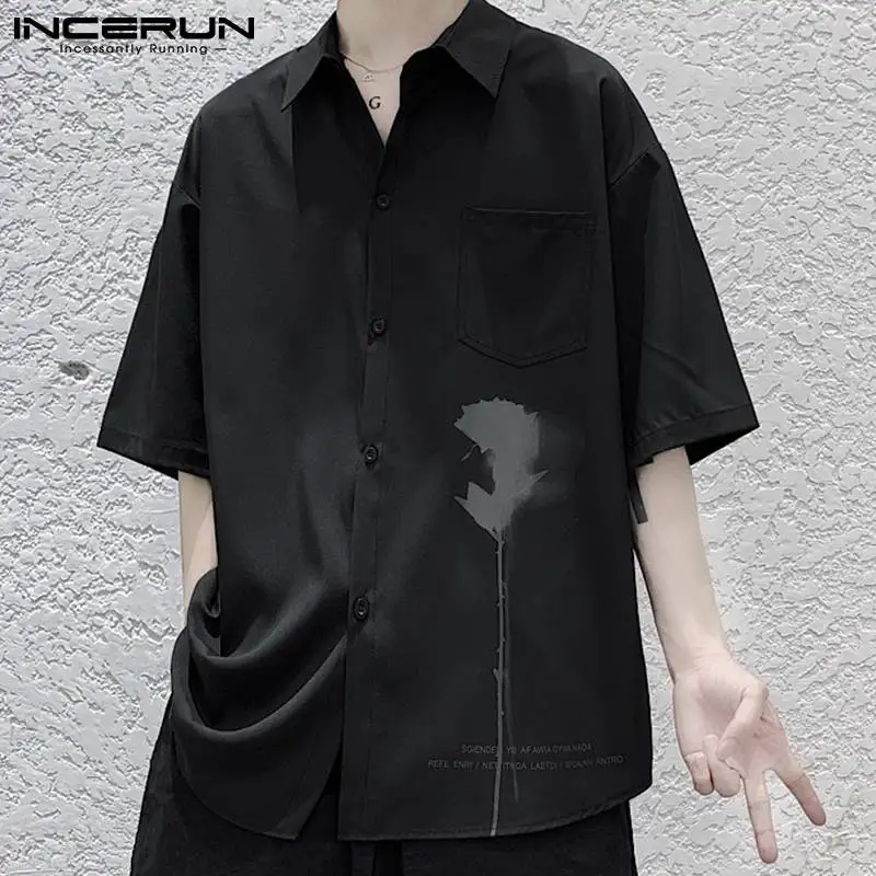 

2021 модная мужская рубашка с принтом с отложным воротником с коротким рукавом Свободные корейский Camisa Masculina дышащая Уличная обувь повседнев...