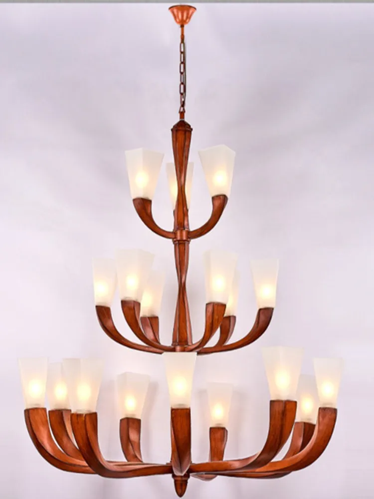 Foyer Parlor High ceiling chandelier Red wood LED suspension luminaire American vintage light glass chandeliers hotel furniture | Освещение