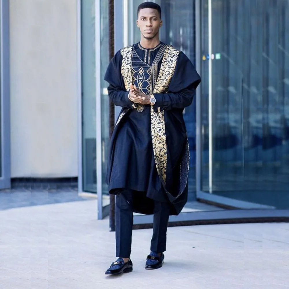 Fadzeco Agbada Мужская африканская 3 шт размера плюс Дашики вышивка бубоус топы короткие и брюки Мужская одежда халат Базен костюмы