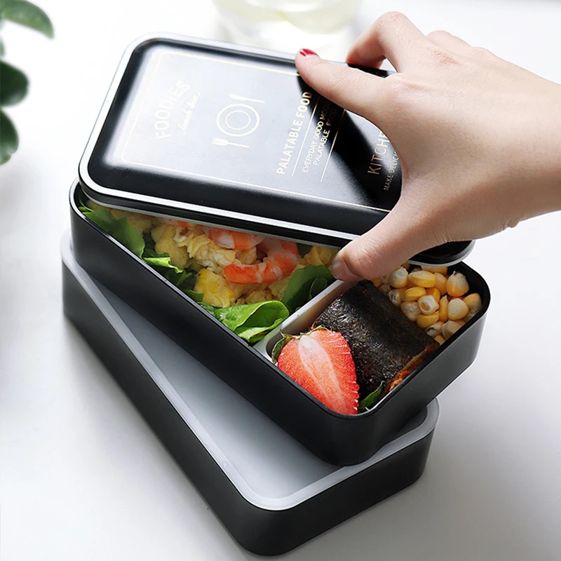 

Portable Rectangular Lunch Box Double Plastic with Compartments Bento Box 1200ml Microwave Tableware Food Storage Container