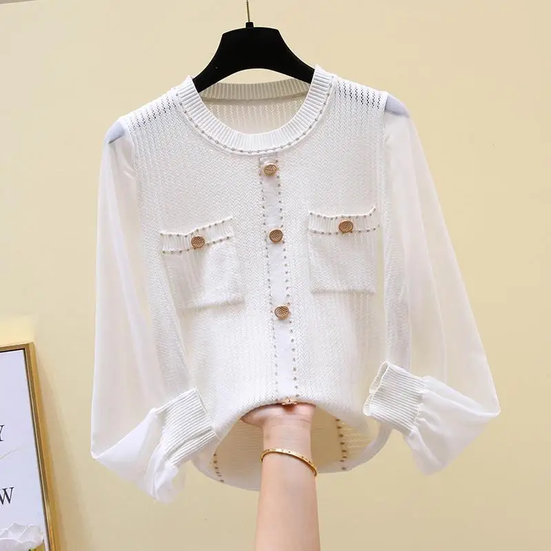 

2021 Spring Autumn New Women's Fashion O-neck Chiffon Long Sleeves Tops Shirts Female Casual Style Ice Silk Slim Blouses T14