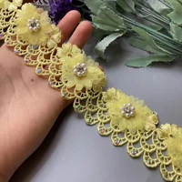 1 yard yellow 3d diamond soluble pearl flower embroidered lace trim ribbon fabric sewing craft for costume hat shoes decoration