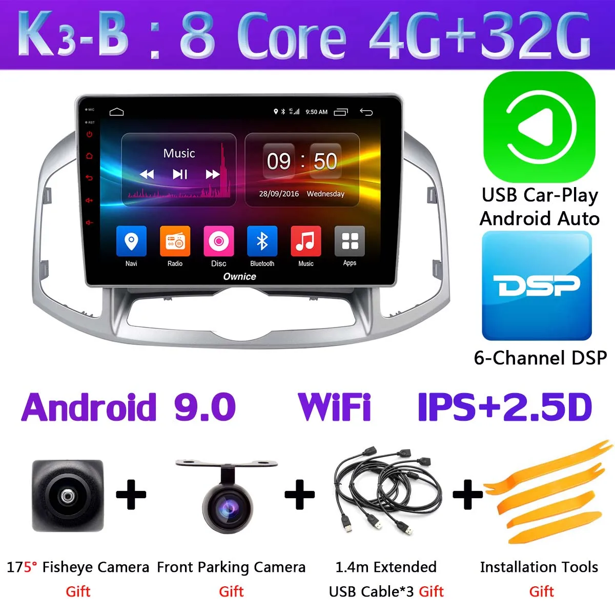 K3-B-CarPlay Панорамная камера 360 ° gps радио 4G WiFi Android 9,0 8Core 4G+ 64G DSP SPDIF CarPlay Автомобильный плеер для Chevrolet Captiva 2011 - Цвет: K3-B-CarPlay
