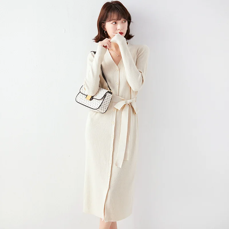 

JCHB 2021 Woman Dress Long Sleeve Knitted Dress Autumn Winter Dresses for Women Korean Fashion V-neck Vestido De Mujer Pph2165