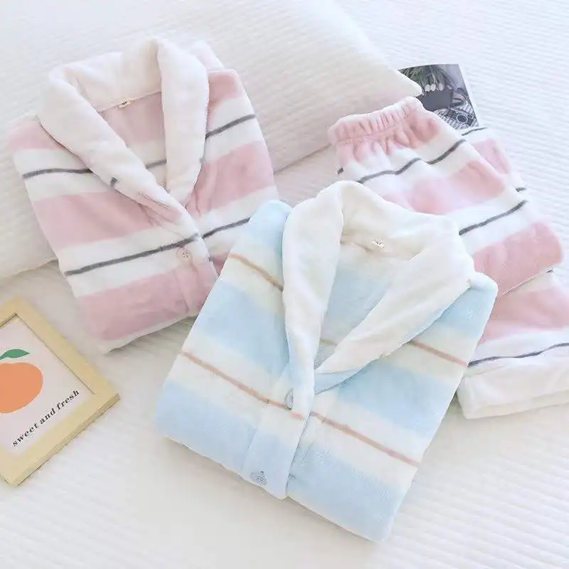 Flannel Winter Pajamas Set Thick Warm 2 Pieces Women Sleepwear Casual Loose Pyjamas Suit Homewear Coral Fleece Nightwear