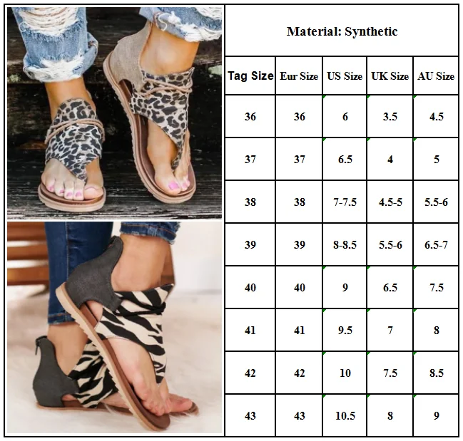 

Women T-Strap Thong Animal Print Sandals Holiday Back Zip Flats Ankle Shoes