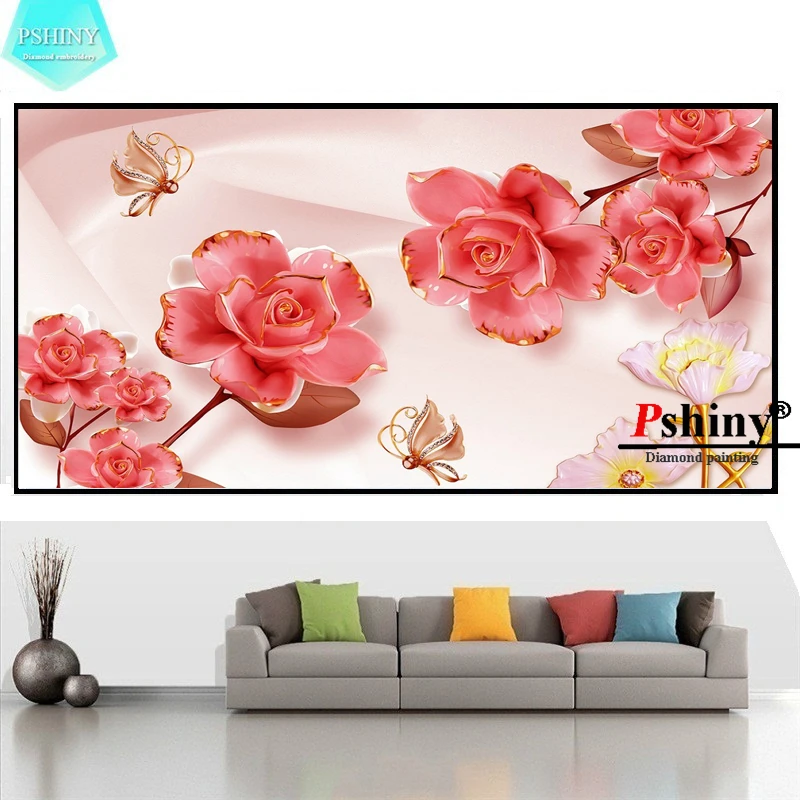 PSHINY 5D DIY Алмазная вышивка Продажа Красный цветок домашний Декор Картина полный