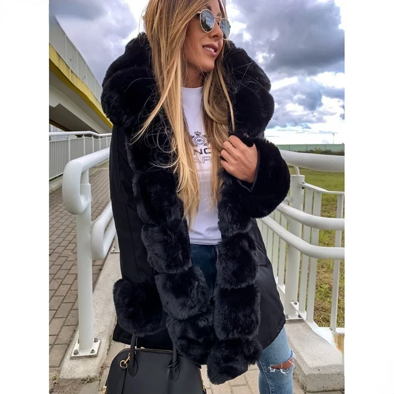 

Fashion Tweed Large Fur Collar Splicing Jacket Women's Warm Zipper Jacket New Thick Hooded Slim Mid-length Solid Color Jacket