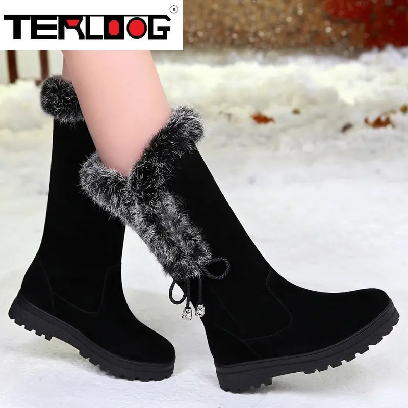 

Winter Fur Woman Boots Designer Flats Fashion Snow Warm Woman Boots Casual Flats Woman Shoes New Platform Mid-calf Femme Boots