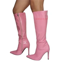 pointed toe pink nylon knee high boots women side zipper shoes funky super high thin heels boots casual british style winter