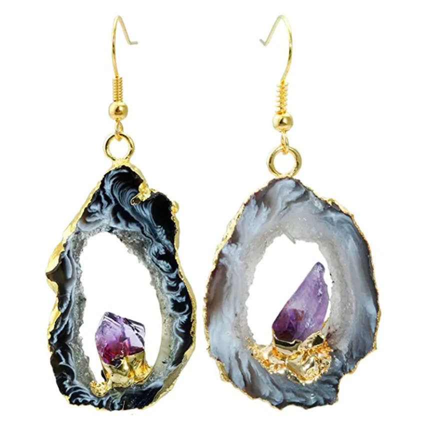 

FYSL Light Yellow Gold Color Irregular Shape Agates Geode Drop Earrings for Women with Amethysts Stone Jewelry