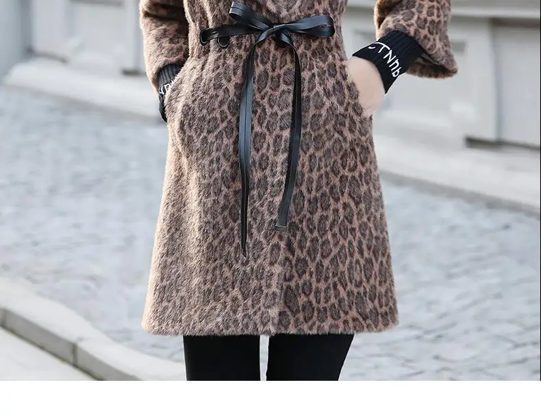 

Gold Mink Velvet Leopard-print Thick Woolen Coat for Women Winter All-match Temperament Mid-length Woolen Coat