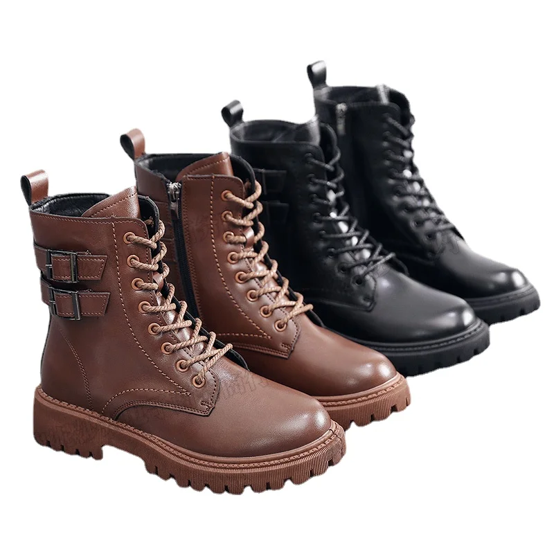 

Classic Boots for Women British Style Autumn 2021 Leather Round Toe Mid-heel Belt Buckle Short Boots Solid Color Women's Boots