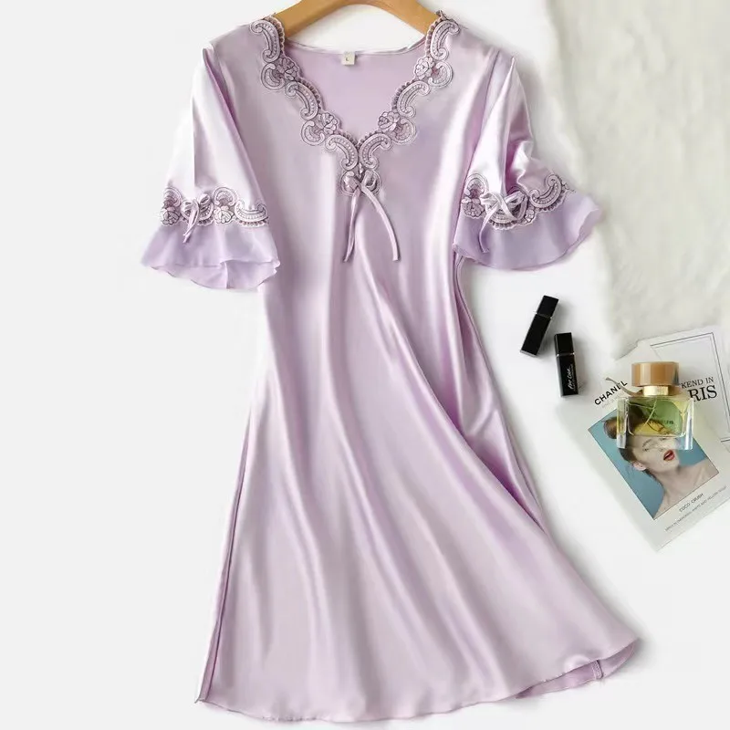 

Female Satin Home Dressing Gown Intimate Lingerie Casual Short Nightdress Homewear Lace Sexy V-Neck Nightgown Sleepwear