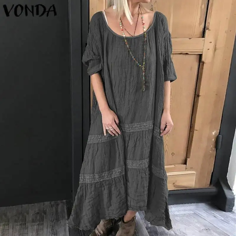 VONDA женское платье с коротким рукавом и круглым вырезом, однотонная хлопковая рубашка, свободное платье с оборками, длинное платье макси, большие размеры, вечерние платья