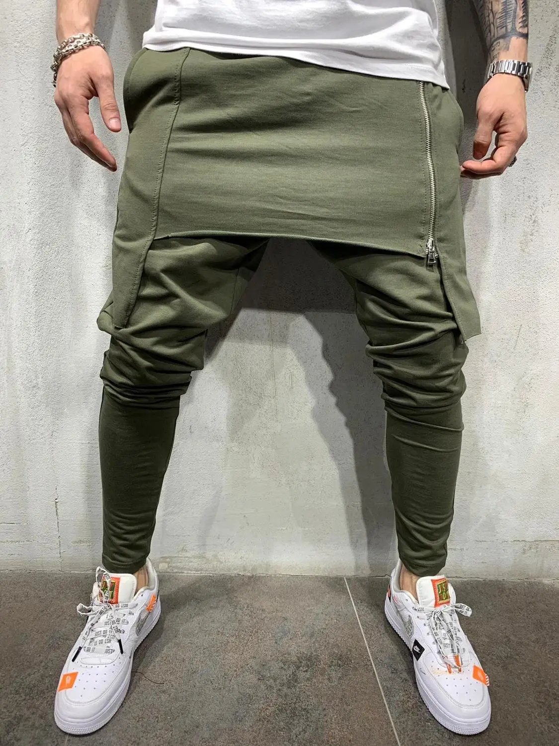 Army green Весенние и осенние мужские штаны-шаровары с эластичным поясом и карманами в полоску, повседневные свободные брюки с заниженным шаговым швом, Мужская Уличная одежда в стиле хип-хоп Pa - Цвет: Army green