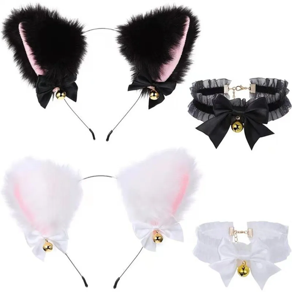 1Set Cat Ear Headband With Bells Necklace Plush Furry Cat Ears Headwear Fancy Dress Hairband Women Girls Party Cosplay Headwear