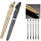 Винтажная Шариковая ручка Jinhao из цельнометаллического старинного серебряного леопарда, роскошная ручка с зелеными кристаллами и глазами, канцелярские принадлежности