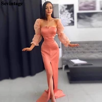 sevintage simple orange long sleeves evening dresses women satin mermaid prom party gowns formal night club dress outfits 2021