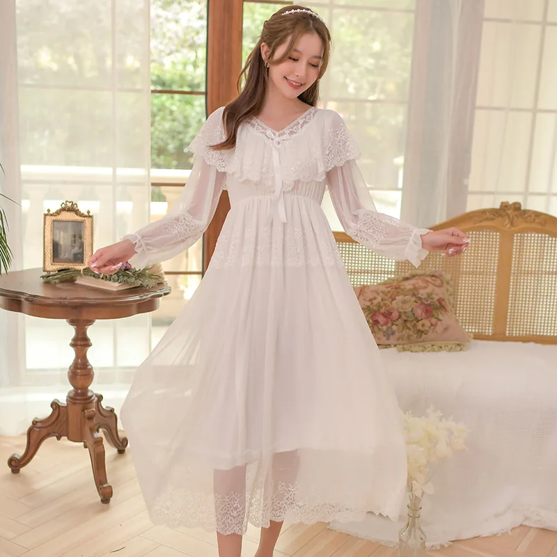 2021 Spring and Autumn Palace Style Nightdres Women's Long Sleeve Sweet White Modal Nightdress Retro French Home Wear Sleep Tops