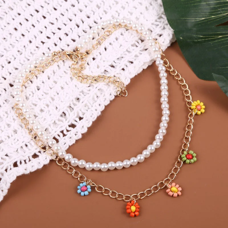 

Bohemian Flower Bead Choker Colorful Statement Short Collar Clavicle Chain Necklace for Women Female Jewelry