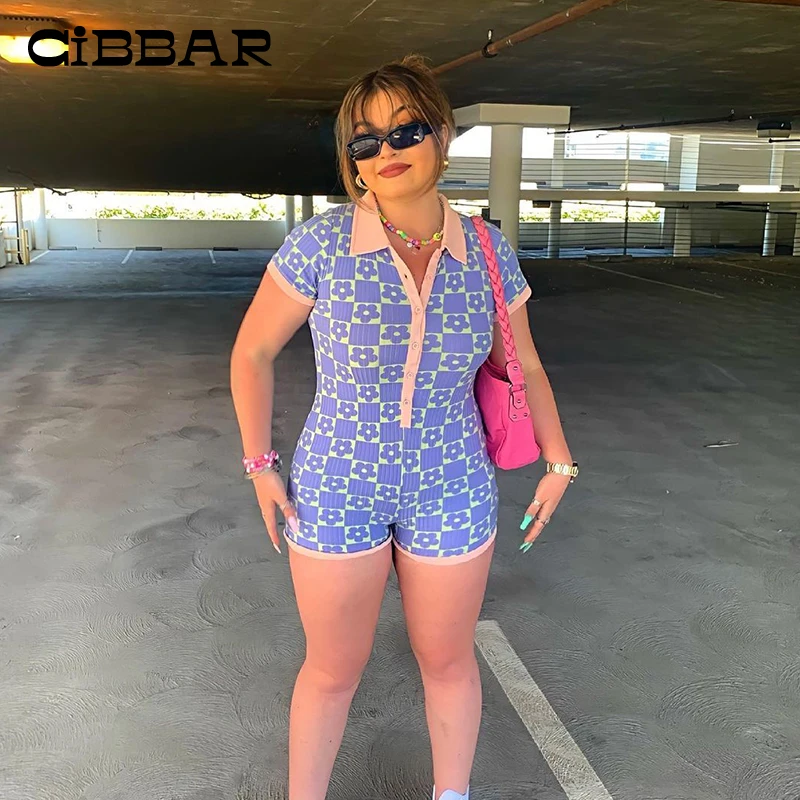 Комбинезон женский на пуговицах с цветочным принтом короткий рукав |