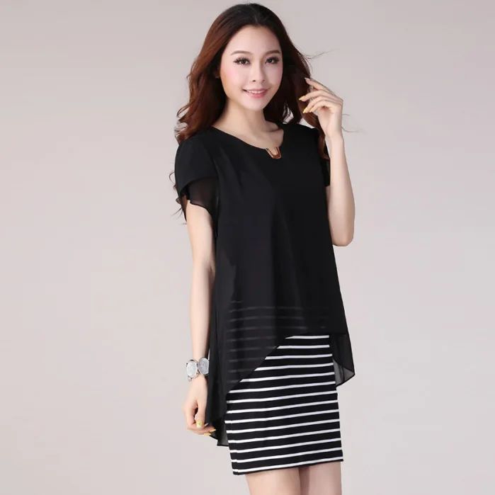 

Woman Summer Plus Size O-neck Short Butterfly Sleeve Solid Chiffon Dresses Female Spring Fall Striped Cotton Hedging Dress