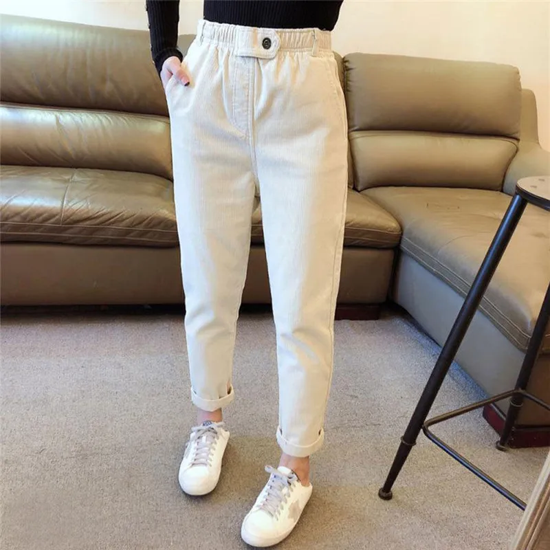 Vintage Women Corduroy Harem Pants Solid High Wait Loose Casual Ankle-Length Autumn New Elastic Waist Korean Version | Женская одежда