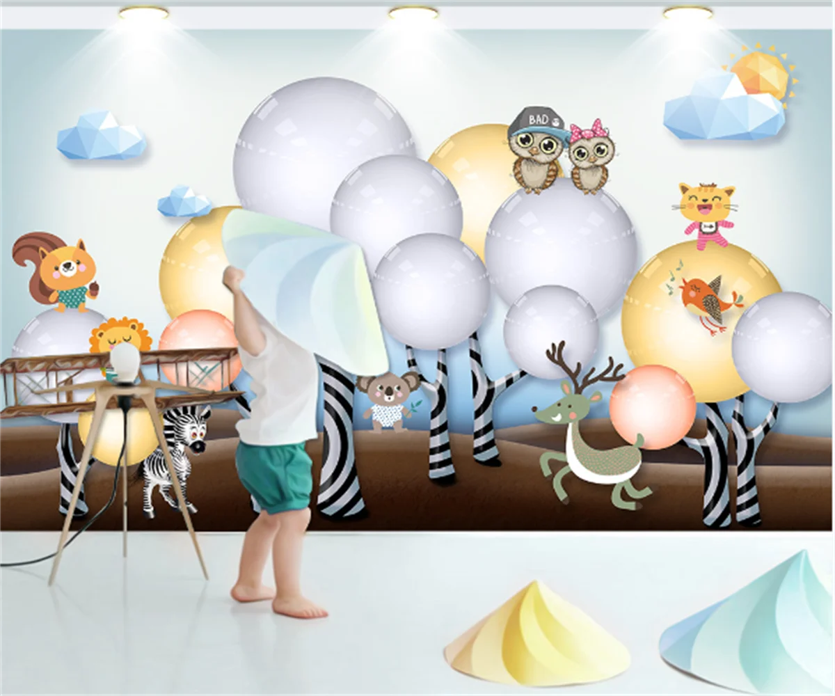 

3d any size custom mural wall covering three-dimensional cartoon animal small tree fresh children's room background wallpaper