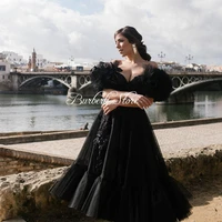 sexy v neck black tulle women party dresses ankle length elegant applique beaded formal event gowns to cakatail party plus size