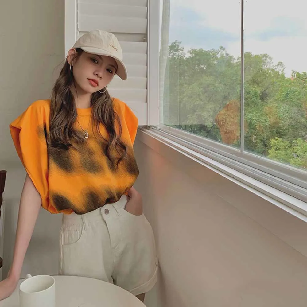 

2021 Street Round Neck Regular Pullover Top Tees Summer Ladies Korean Style Loose Sleeveless Printed Vest T-shirt Women Fashion