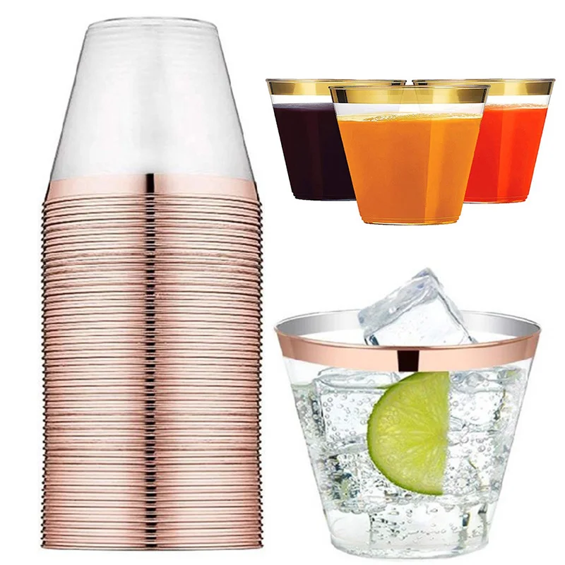 

10PCS Disposable Plastic Cup Transparent Rose Gold Rim Aviation Cup for Tea Juice Cocktail Ice Cream Dessert Mousse