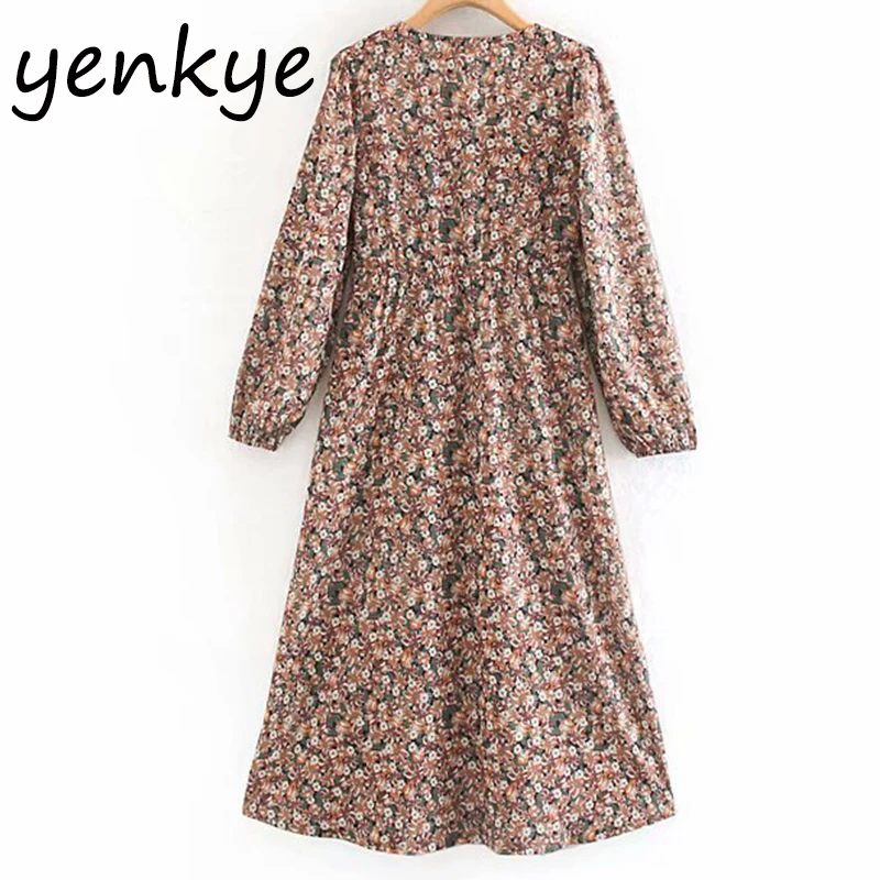 Женское винтажное платье с цветочным принтом длинным рукавом V образным вырезом