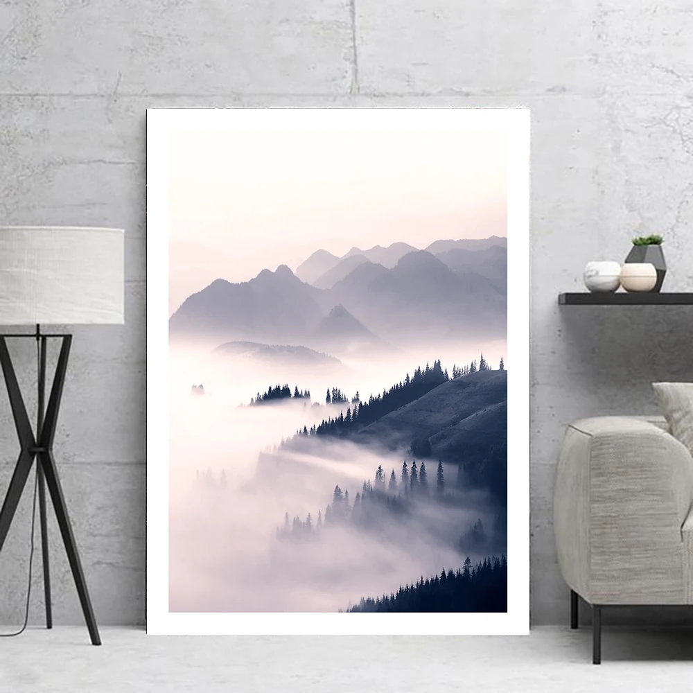 Misty Mountain Forest Poster Nordic Landscape Art Print Minimal Sunrise Canvas Painting Modern Wall Picture Bedroom Home Decor scandinavian forest sunrise grass canvas painting nature landscape poster nordic wall art print countryside photography picture