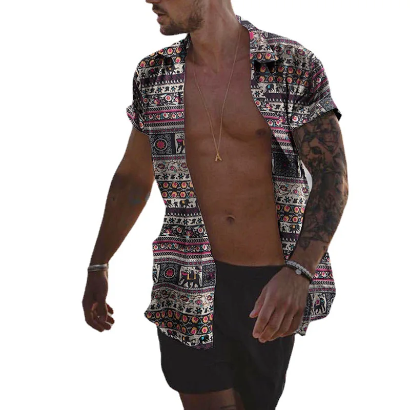 

2021 Spring and Summer New Men's Casual Slim-fit Lapel Printed Short-sleeved Shirt Men's Top