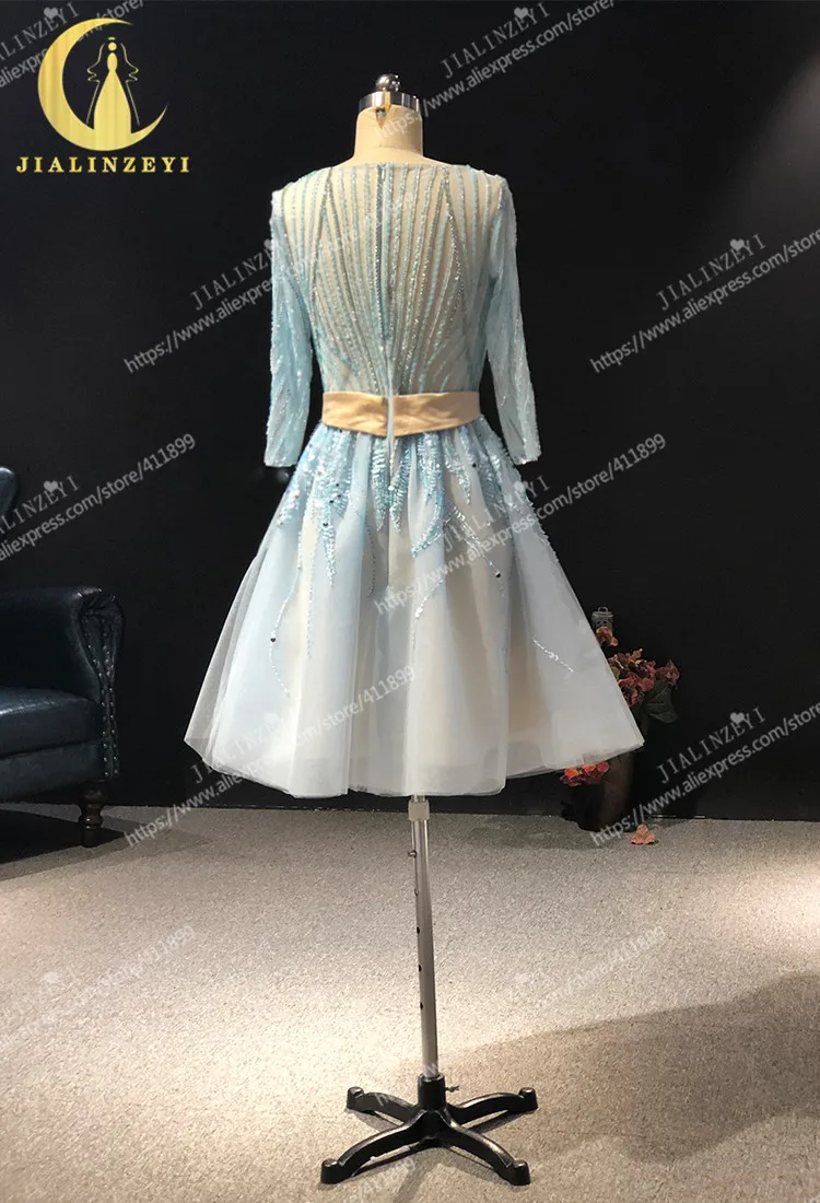 Rhine real Pictures Elie saab  Sky Blue Beads Knee Length Prom dresses arabic evening dresses long