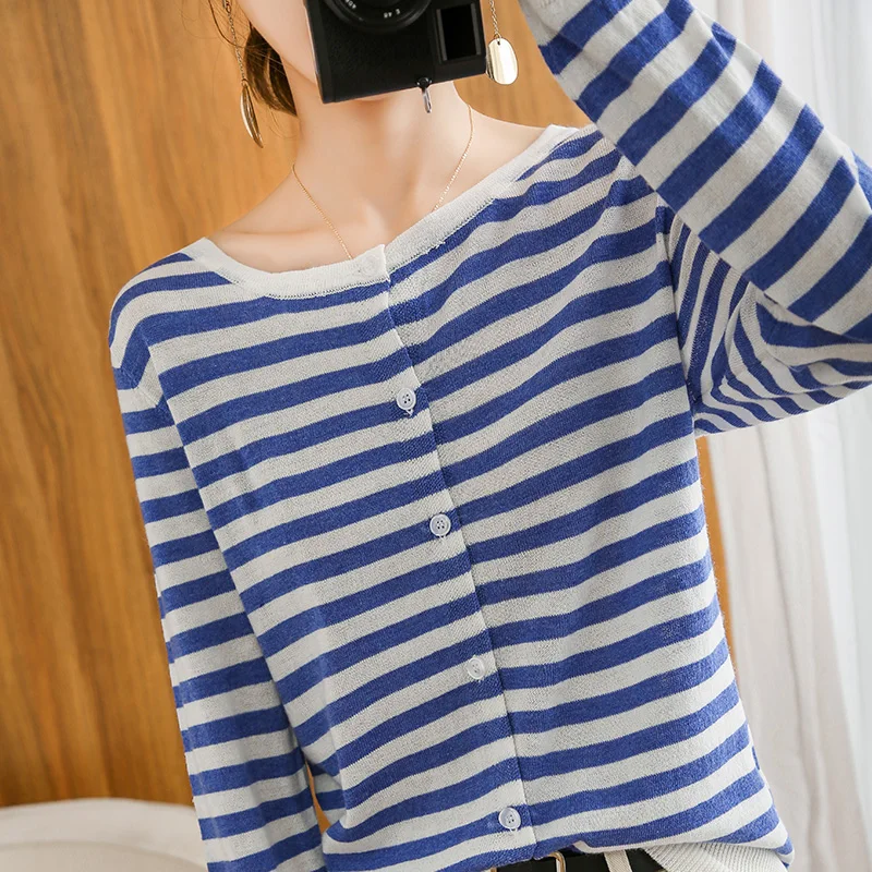 

Cashmere Cardigan Women's Loose Sweater Spring Autumn Wool Striped Sweater Knitted Jacket Woman Casual Basic Shirt Top