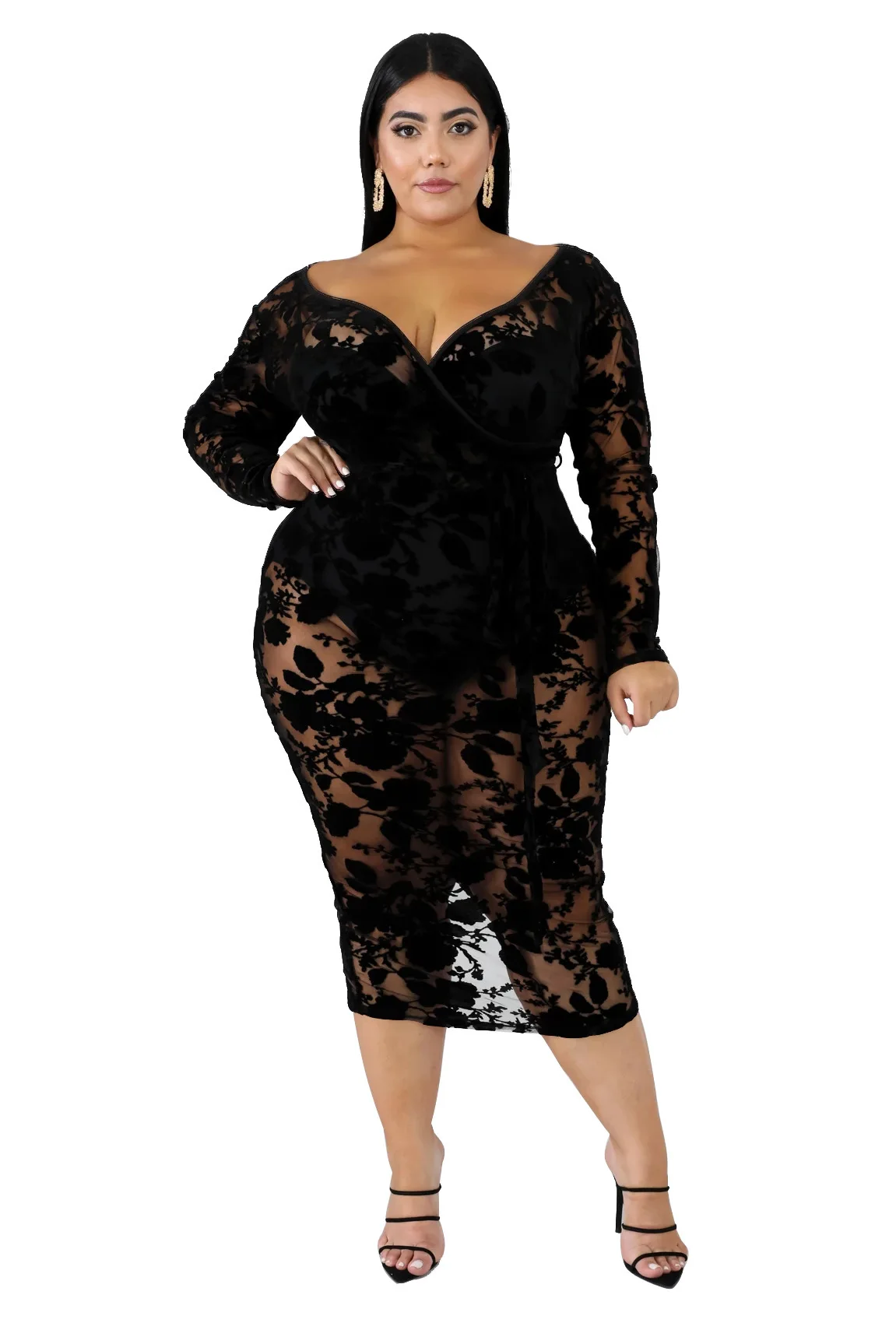 

Zoctuo Dress XL-6XL New Plus Size Autumn Winter Dress V Neck Full Sleeve See Through Print Sexy Night Club Party Mid Calf Dress