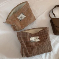 storage makeup bag retro warm coffee color fine checkered handbag all match clutch cotton cosmetic bag zipper art british style