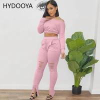 sexy two piece pants sets women slash neck long sleeve crop tops hollow out flare trousers autumn 2021 casual fitness tracksuits