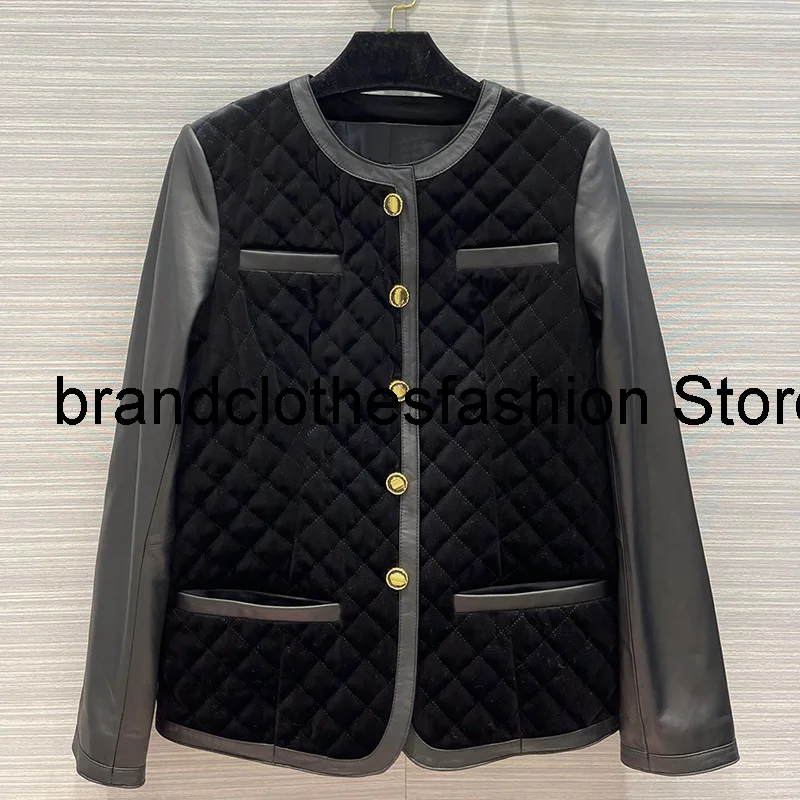 

2021 New Autumn Vintage Black Velours Patchwork Sheepskin-Sleeve Jacket Women Top Quality Four Pockets Fashion Argyle Coat Lady
