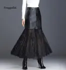 Женская юбка из искусственной кожи Fengguilai, элегантная Свободная юбка до середины икры, с поясом на завязке, Осень-зима