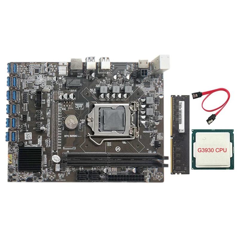 

Материнская плата для майнинга B250C с ЦП G3930 + 1XDDR4 8G 2666 МГц ОЗУ + кабель SATA 12xpcie на USB3.0, слот для карты для BTC
