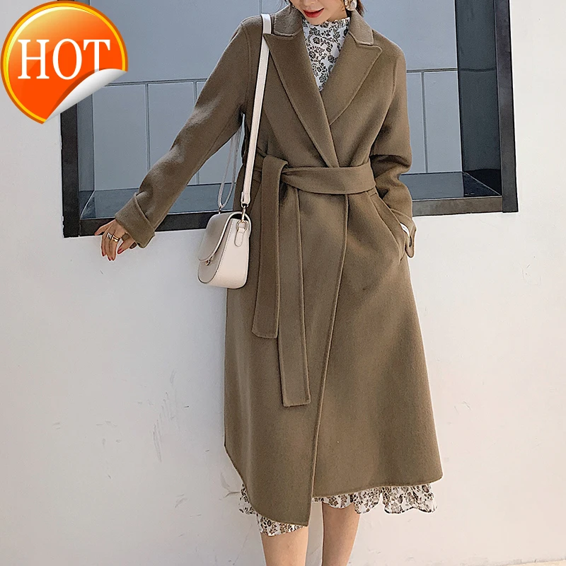 

Пальто женское кашемировое, шерстяное двустороннее, средней длины, с поясом, Осень-зима 2020