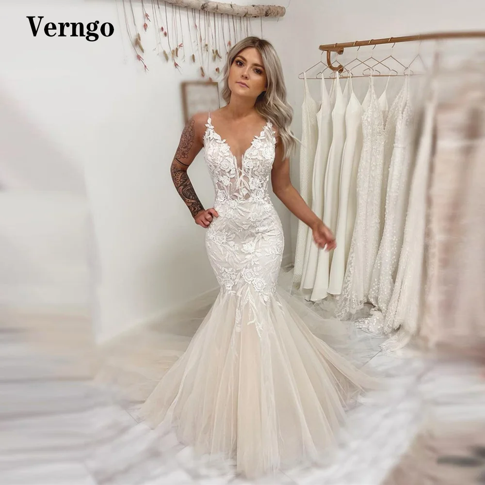 

Verngo Boho Wedding Dress Mermaid Lace Applique Tulle V Neck Modern Wedding Gowns Sweep Train Bridal Dresses Robe de mariage