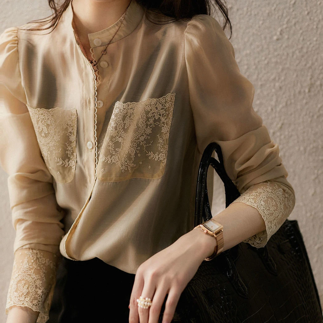 Chiffon shirt lace embroidery embellishment French long-sleeved shirt blouse female summer design  women
