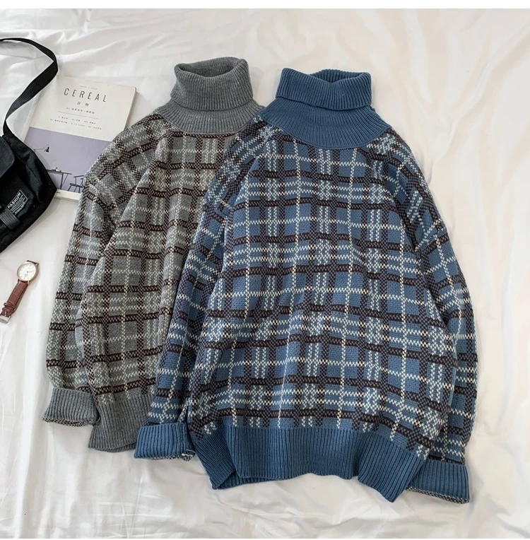 Winter Turtleneck Sweater Men's Warm Fashion Casual Retro Knit Pullover Men Streetwear Plaid Sweater Male Sweter Clothes